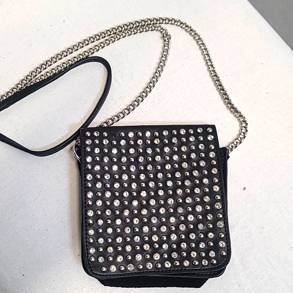 Charming Charlie Blk Leather Rhinestone & Studded Crossbody
